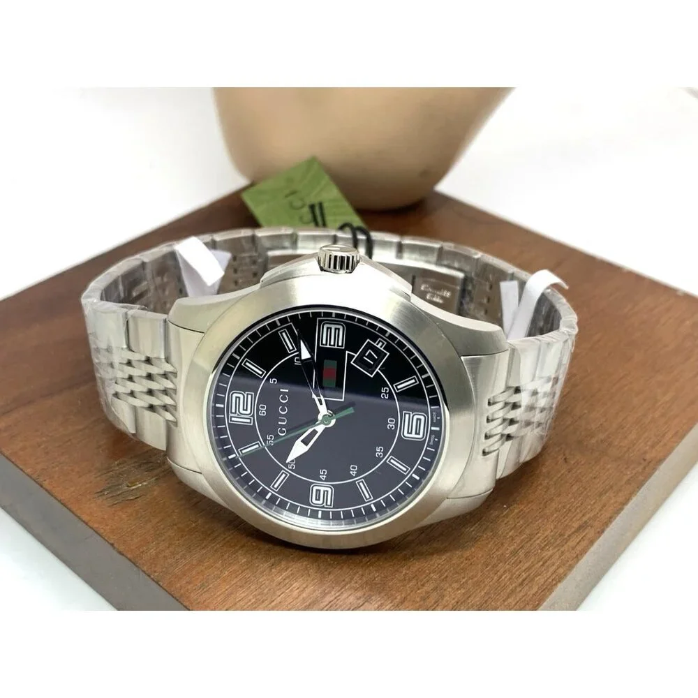 Gucci Men's Watch YA126201 G-Timeless Swiss Quartz Black Dial Silver Steel 44mm